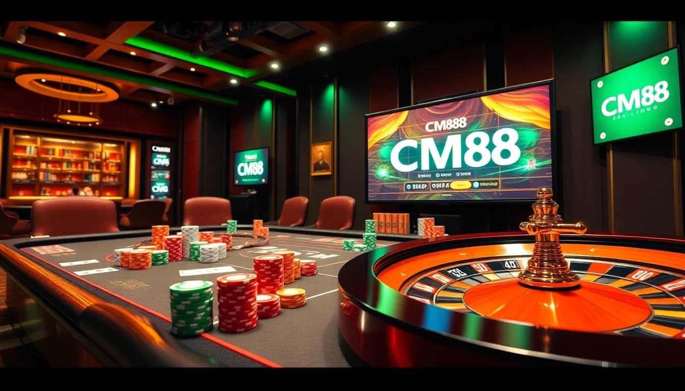 Experience the thrilling atmosphere of CM88 with vibrant casino elements like poker chips and roulette wheels.