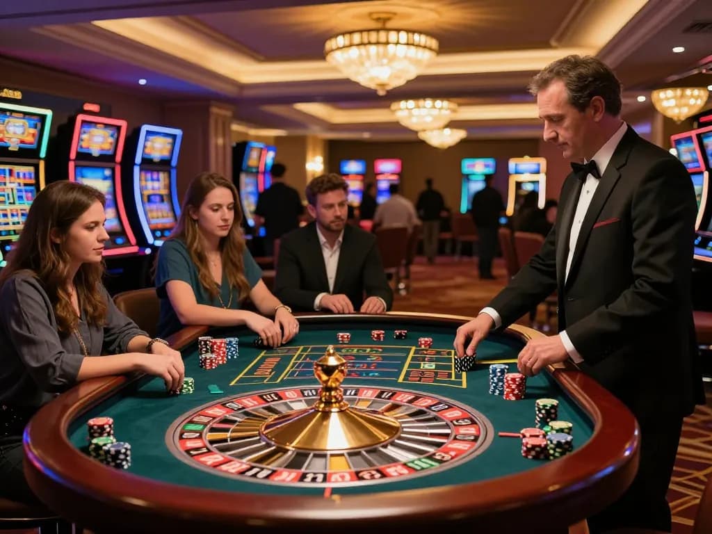 Players eagerly betting on the vibrant roulette table at 7M casino, focusing on the dealer spinning the wheel.