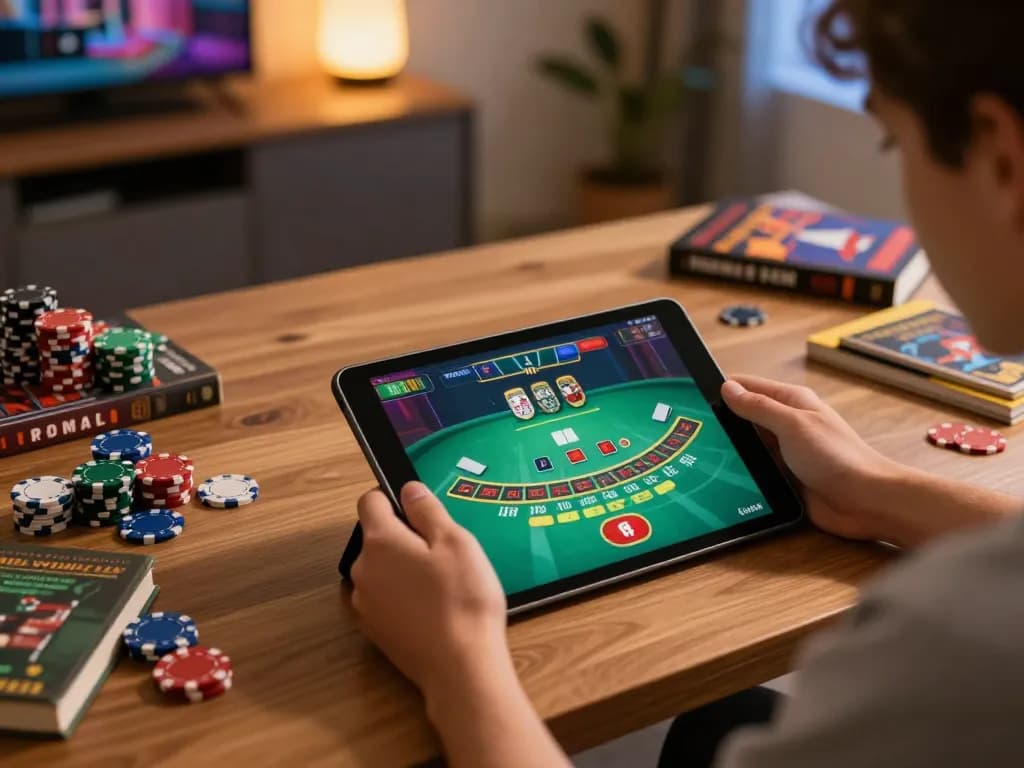 Engaging online gaming scenario with a tablet showing blackjack action on https://fun88cd.in.net/, showcasing strategic gameplay.