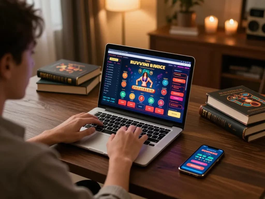 Engaging in online betting at home with gi88, showing laptop gameplay and strategic notes.