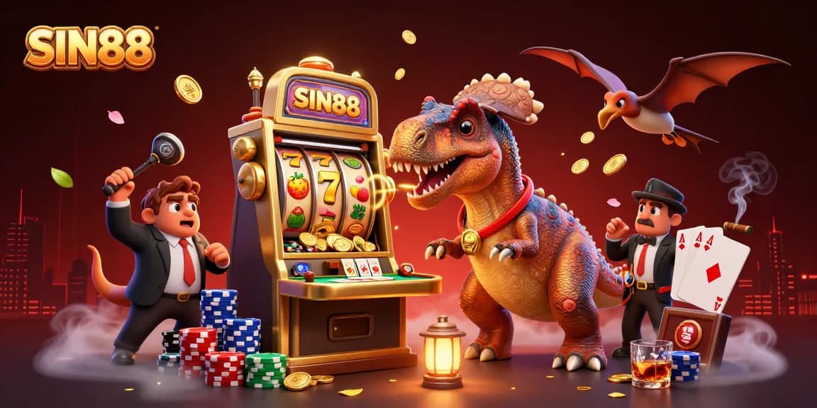 SIN88 offers thrilling jackpots as a pachycephalosaurus interacts with a slot machine in a vibrant casino scene.