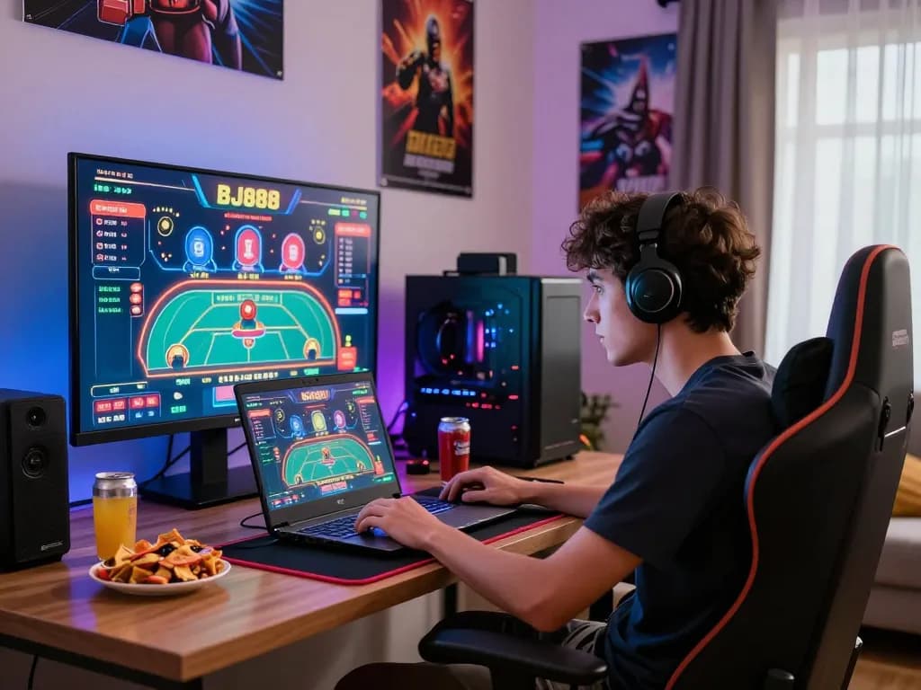Engaged gamer playing BJ888 online casino games in a vibrant home setup.