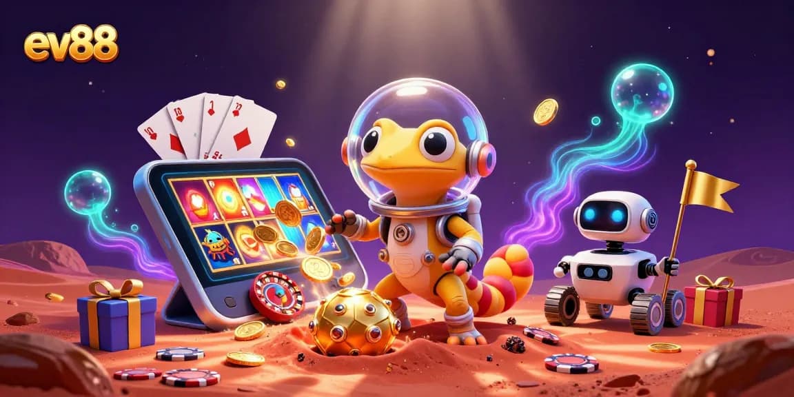 Experience exciting gaming at ev88 with a Martian gecko discovering a golden casino in a vibrant scene.