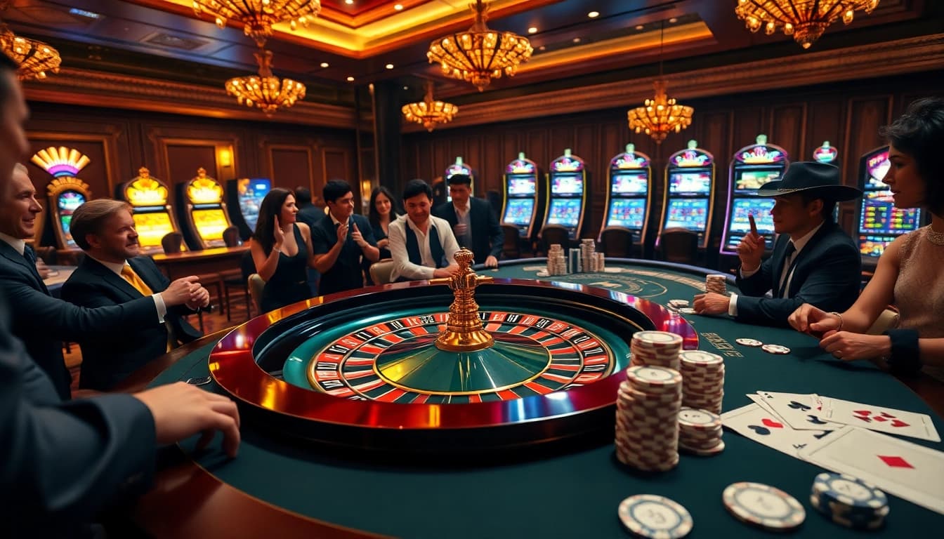IWIN68 players engaging with poker chips and vibrant slot machines in an upscale casino setting.