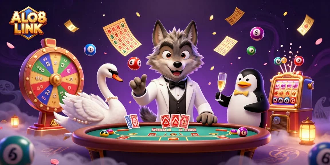 Engage in thrilling games with ALO8 LINK showcasing vibrant lottery balls and elegant casino characters.