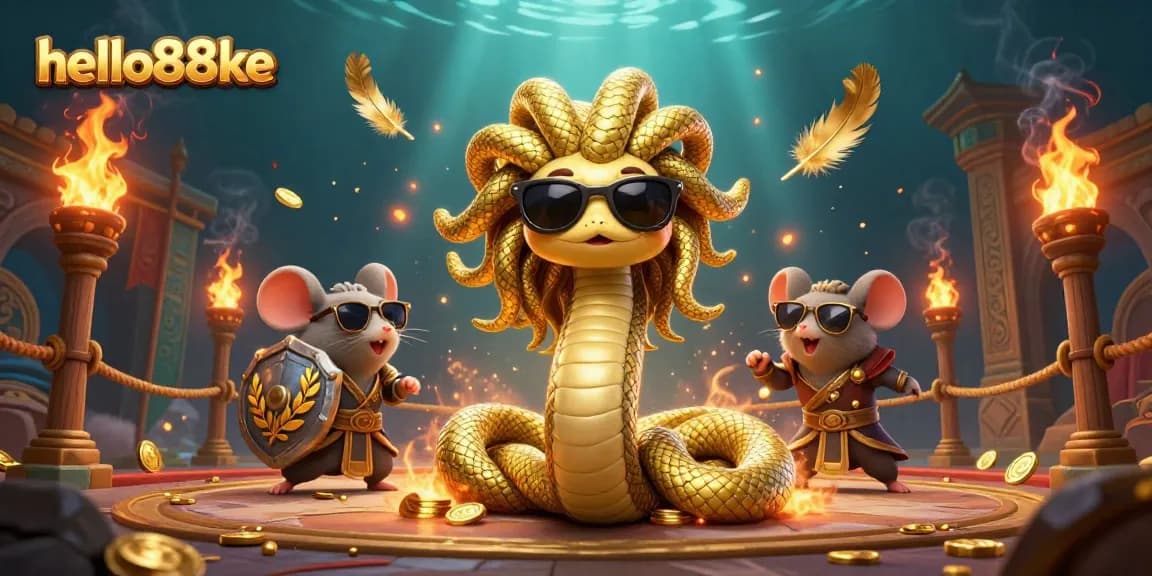 Exciting gaming scene at hello88ke featuring Medusa and a warrior mouse amidst betting tokens and gold coins.