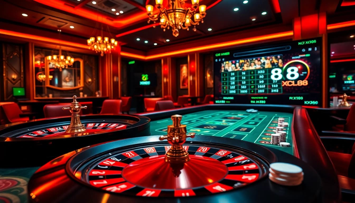 Players engaging in an exciting roulette game at KJC XX88 casino, showcasing vibrant poker chips and luxurious ambiance.