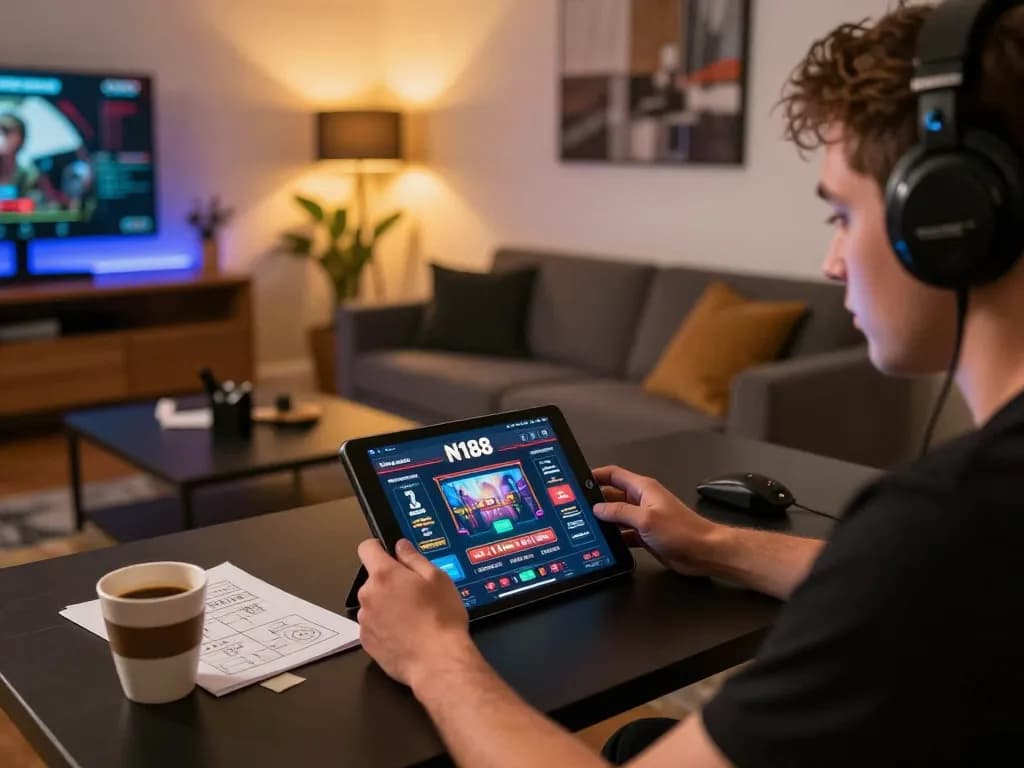N188 casino player engaged in online gambling with tablet and strategy notes in a cozy home setting