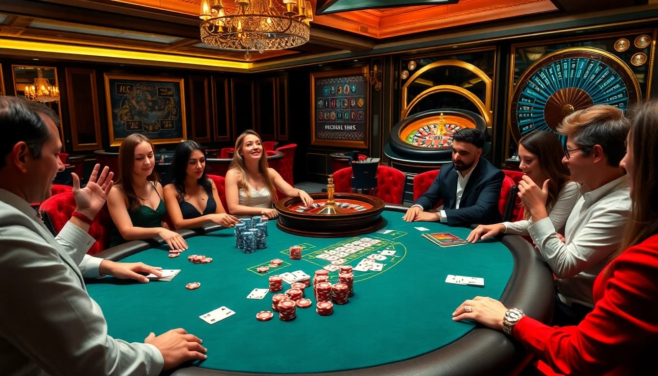 Join the excitement at https://56win.to/ with a high-stakes poker game featuring vibrant chips and a polished table.