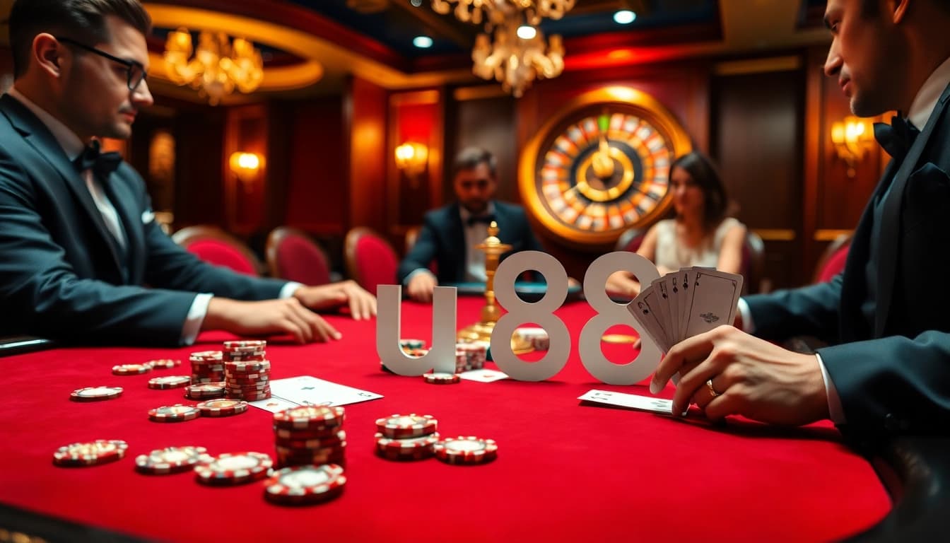 Exciting high-stakes poker action at uu88 casino table showcasing luxury and thrill.