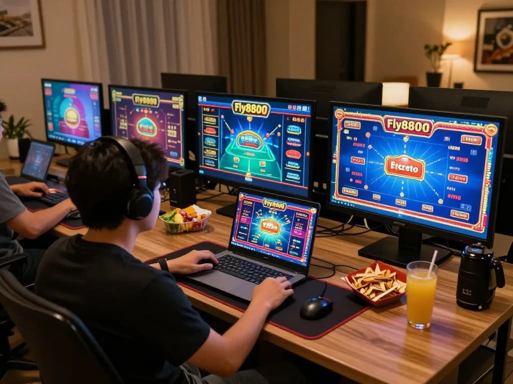 Player enjoying online games on fly8800 platform with vibrant gaming screens and strategic notes.