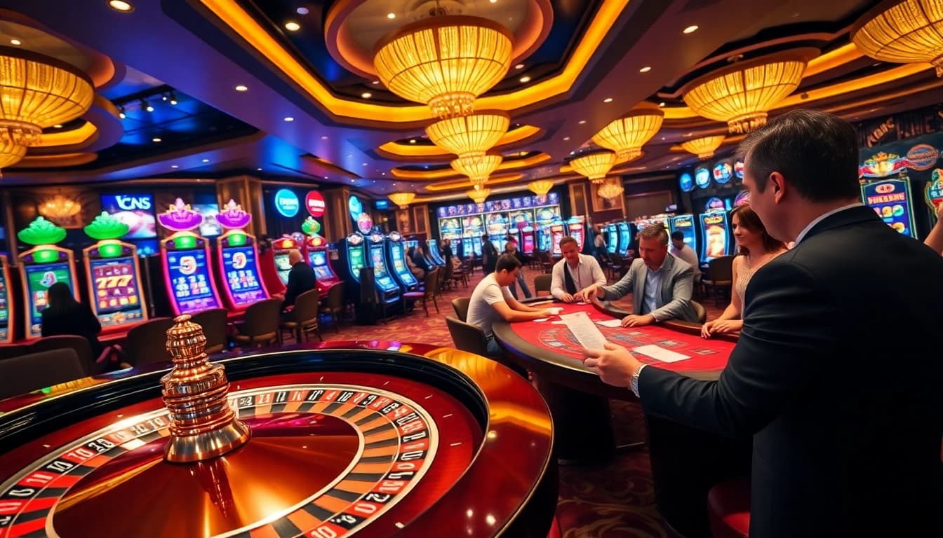 Experience the vibrant atmosphere of trang chủ 88vv at this modern casino, featuring roulette and excited gamblers.