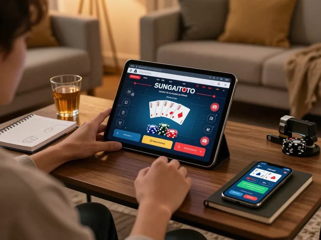 Engaging poker game scene while daftar sungaitoto from home with tablet and gaming strategy notes.