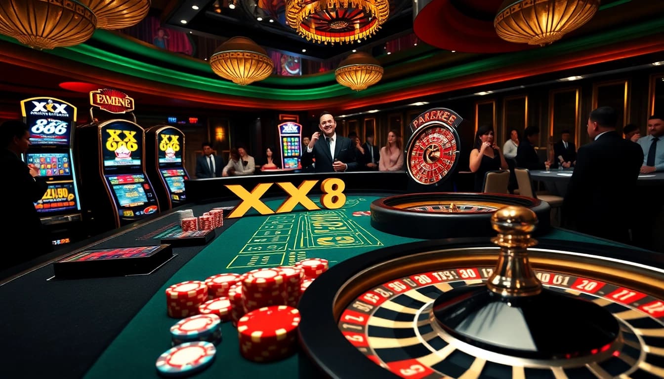 Players enjoying blackjack at the luxurious XX 88 casino, showcasing vibrant tables and high-stakes excitement.