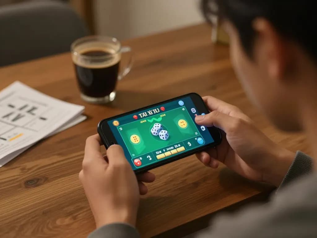 Engaging in Tài Xỉu MD5 gameplay on a smartphone at home, showcasing responsible gaming strategies