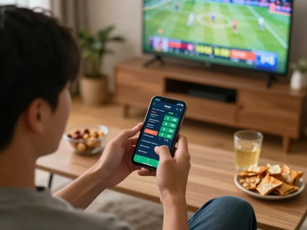 Socolive user engaging in live sports betting while watching on TV, showcasing mobile betting excitement.