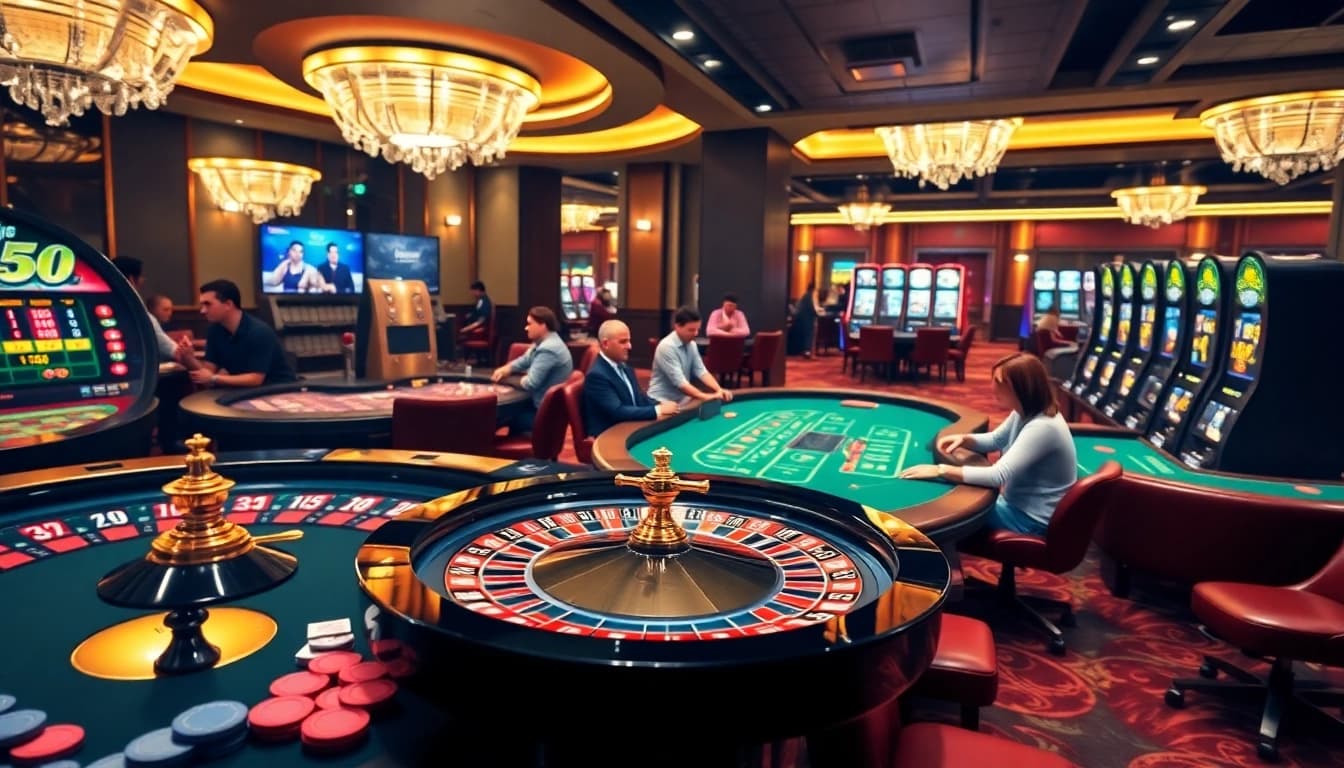 Experience the thrill of Go8 gaming with vibrant tables and interfaces in a luxurious casino.