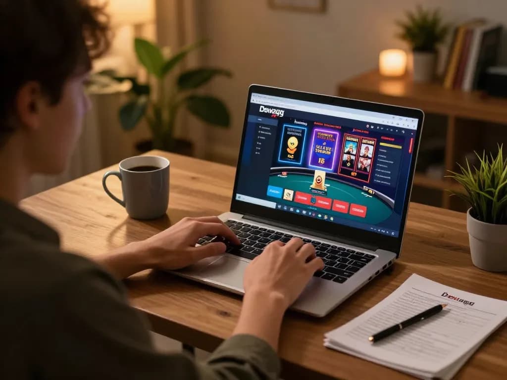 Engaging online gaming session on Dewagg with user focused on laptop gameplay and strategic notes.