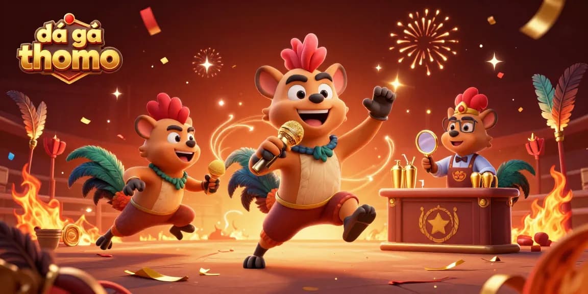 Engage in đá gà thomo with an entertaining cartoon scene at a lively cockfighting arena.