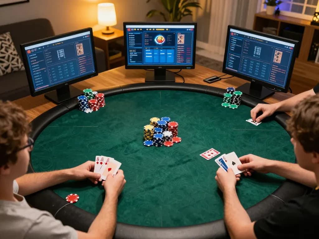 Players engaged in a thrilling twiin68 poker game at home, showcasing strategic gameplay and colorful chips.