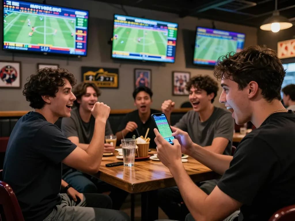Kết quả bóng đá displayed on a smartphone at a sports bar, capturing the excitement of live betting.