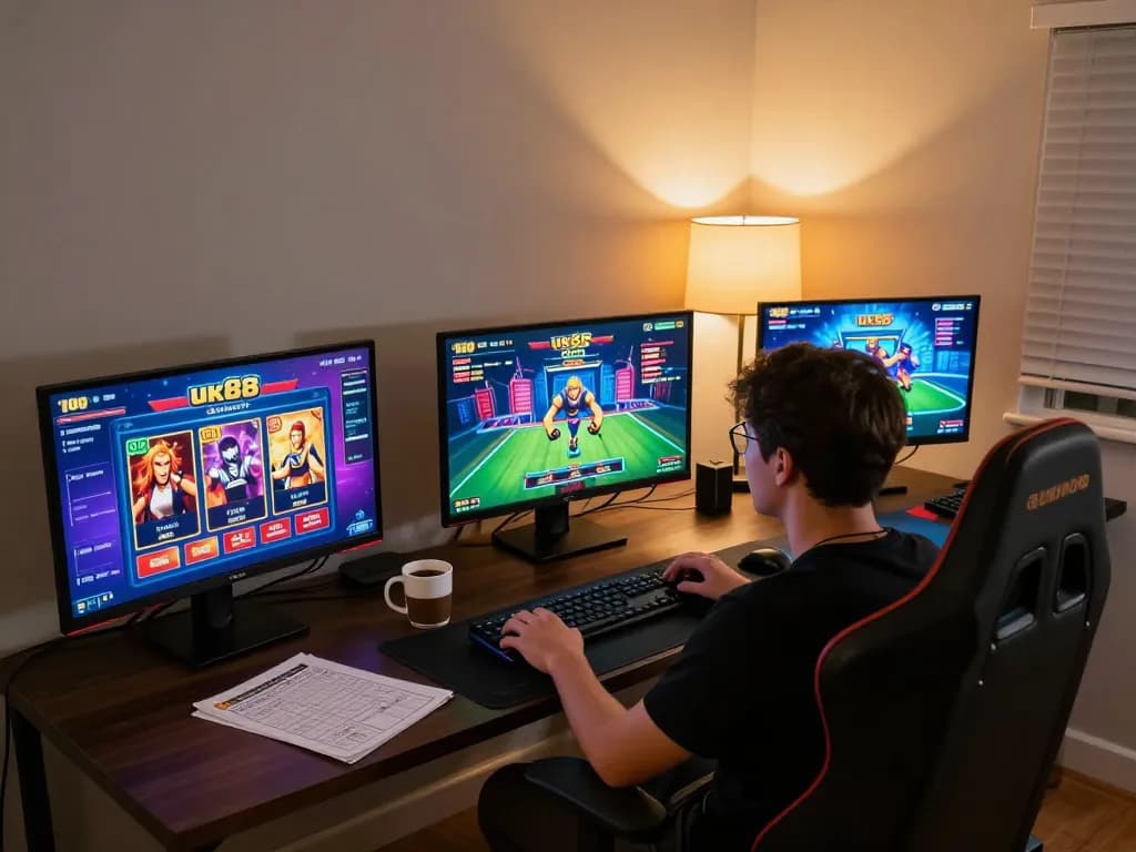 Experience engaging online gaming with uk88 at home, featuring multiple screens and a user-focused setup
