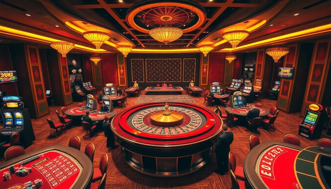 Experience excitement at https://888vv.co.com/ featuring a luxurious casino scene with poker tables and slot machines.