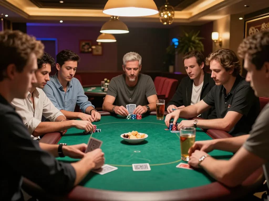 Engaged players strategizing in an F8bet poker game during a cozy home night.