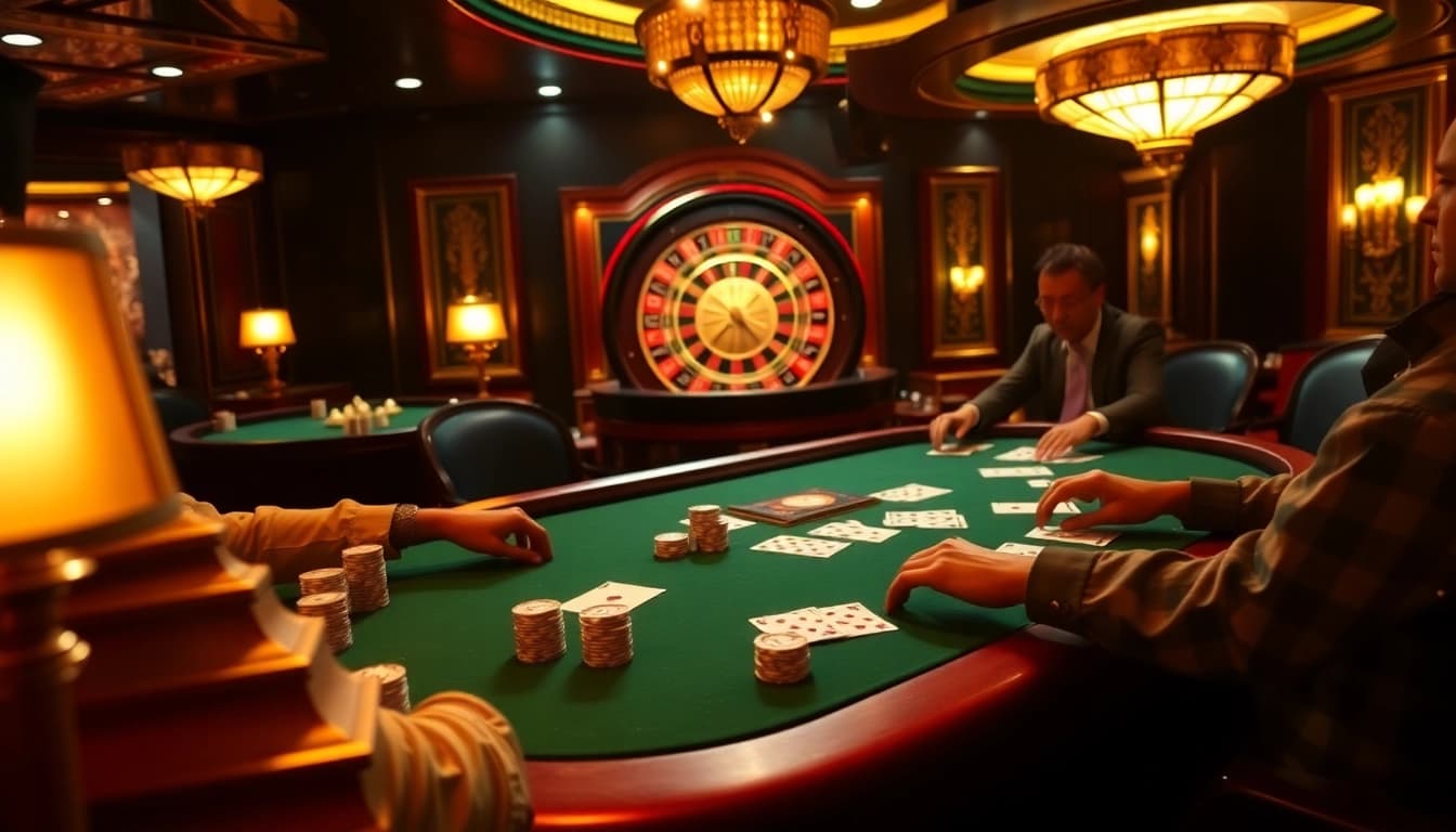 Exciting high-stakes poker gameplay scene at https://www.bdtk66.blog/, featuring rich colors and dramatic lighting.