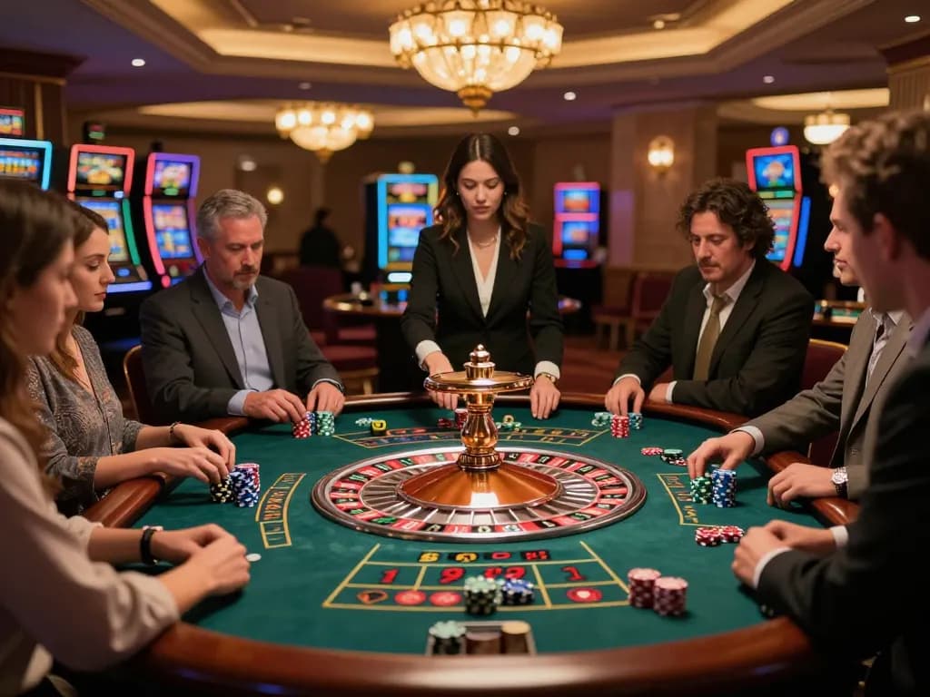 Players engaging at a roulette table at sc88 casino, with vibrant chips and an exciting ambiance