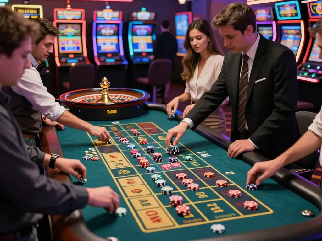 Experience the excitement at Tic88 chính thức roulette table with players betting and a spinning wheel.