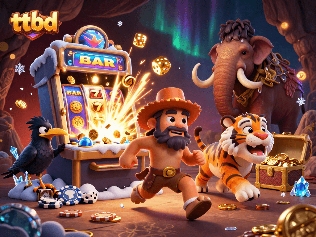Experience thrilling casino action with ttbd's vibrant prehistoric gaming scene featuring energetic characters.
