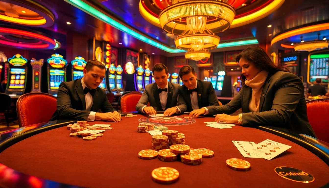 SODO brings excitement alive at a luxury casino with engaged gamblers at poker tables.