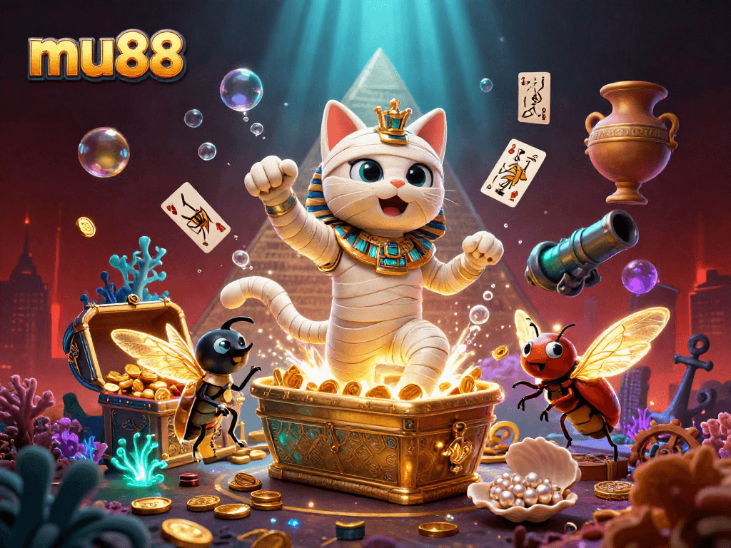 Engage with mu88's vibrant casino scene, featuring an Egyptian mummy cat and treasures.