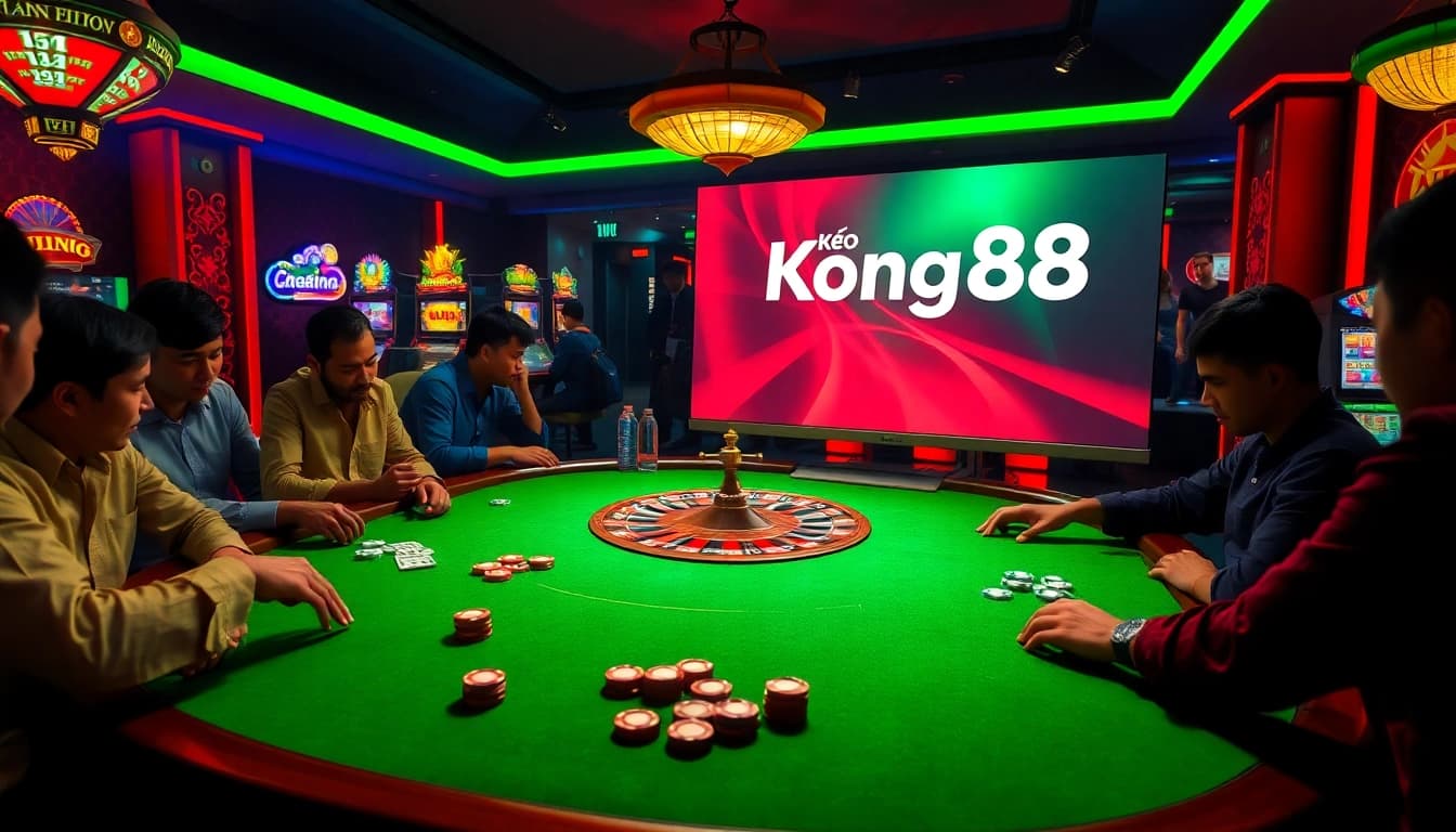 Engaging players at the Kèo Bong88 poker table with vibrant casino lights and digital betting interfaces.
