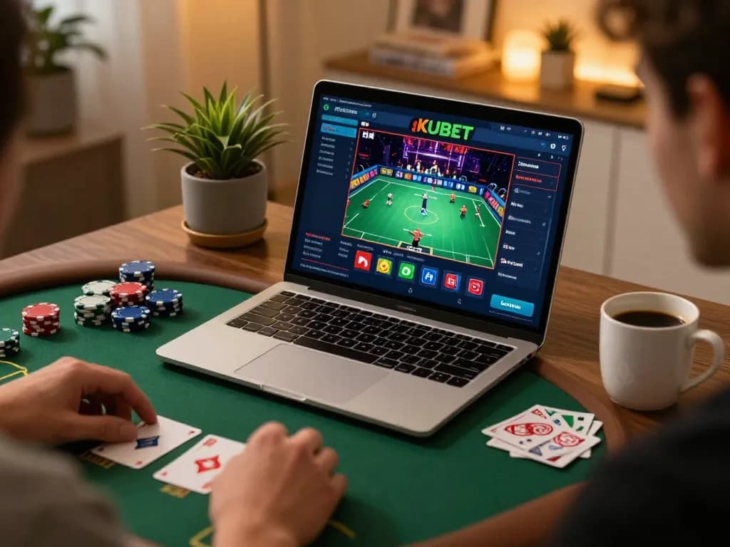 KUBET online gaming setup with laptop displaying live casino game and poker chips.