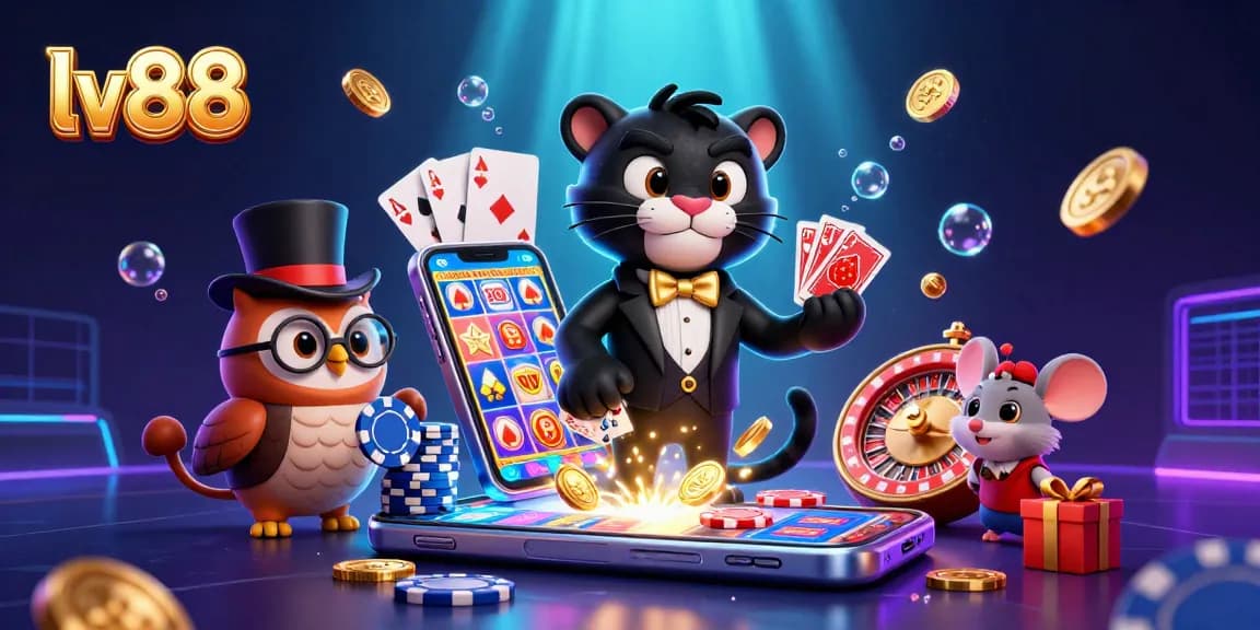 Experience the thrill of lv88 with a stylish 3D casino scene featuring poker and slot elements.