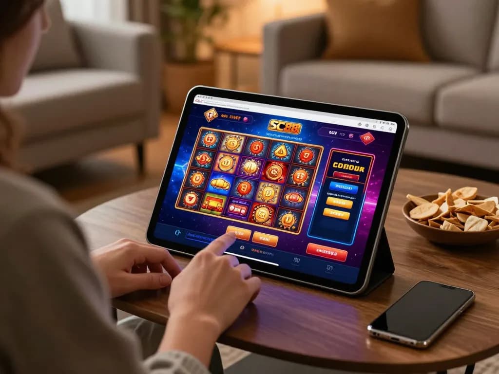 Engaging with SC88 online casino on a tablet in a cozy setting while managing bets.