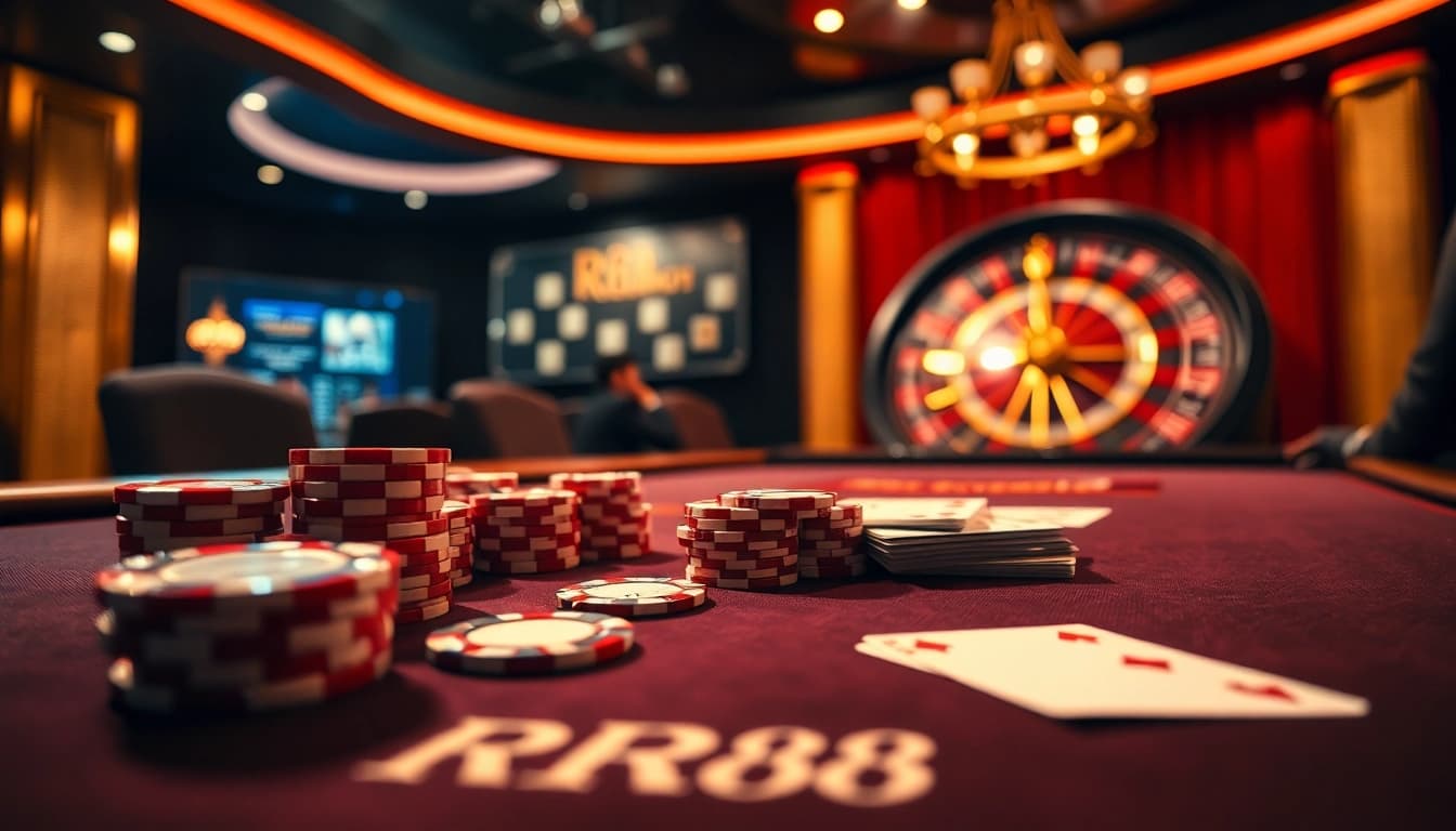 RR88 players strategizing at a luxurious poker table in an upscale casino atmosphere.