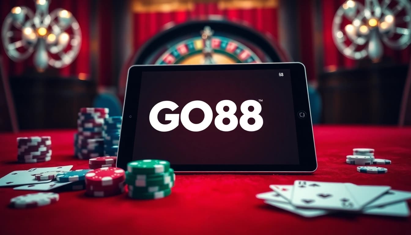 Experience GO88 online gaming with vibrant casino chips, cards, and a roulette wheel.
