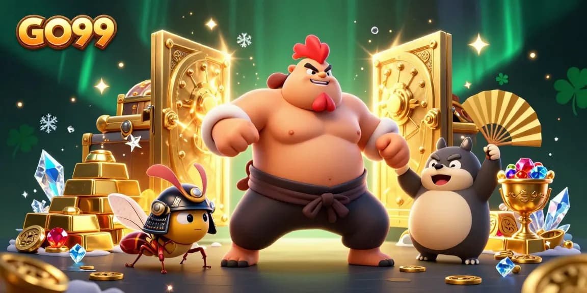 GO99 showcases a powerful sumo wrestler rooster amidst riches and gaming elements, embodying premium gambling excitement.