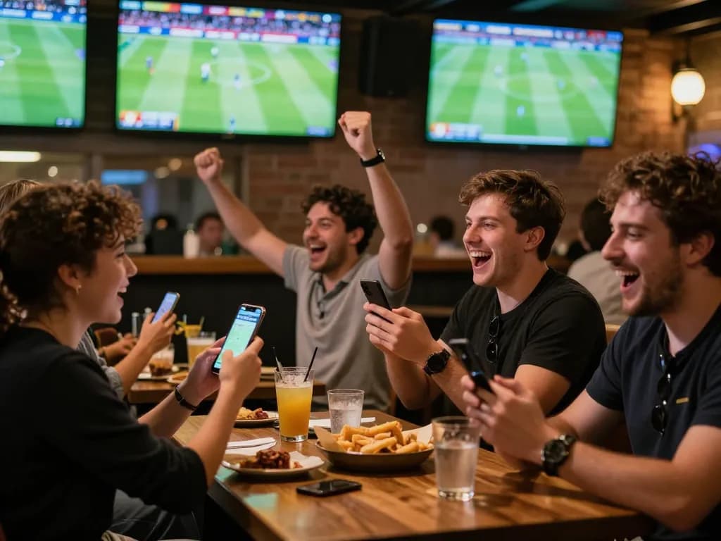 Fans engaging in footballresults betting while watching live match highlights at a lively sports bar