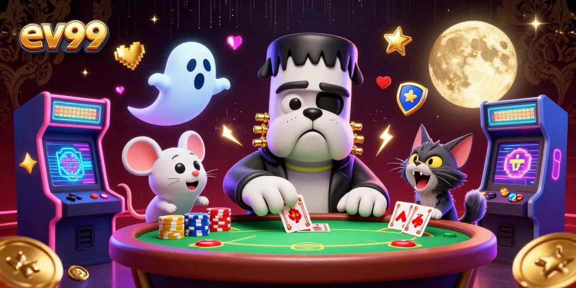 ev99 showcases a colorful poker scene with a Frankenstein bulldog dealer, engaging players joyfully.