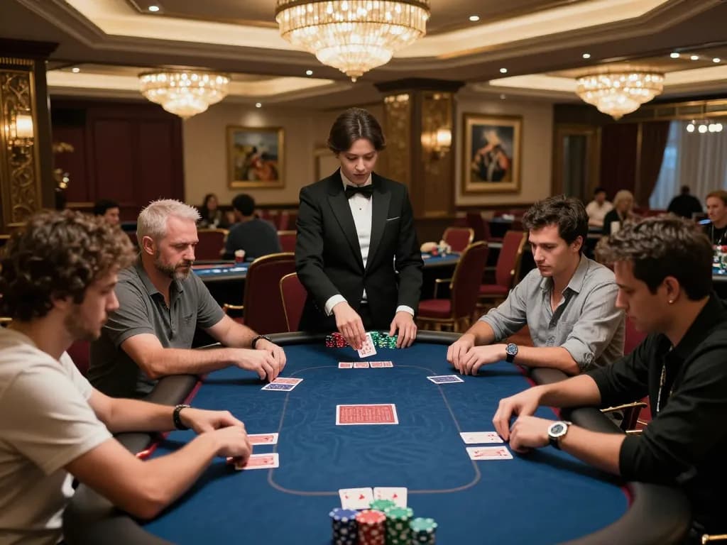 Engaged players strategizing in an upscale poker room at luck8 casino, showcasing dynamic gameplay atmosphere