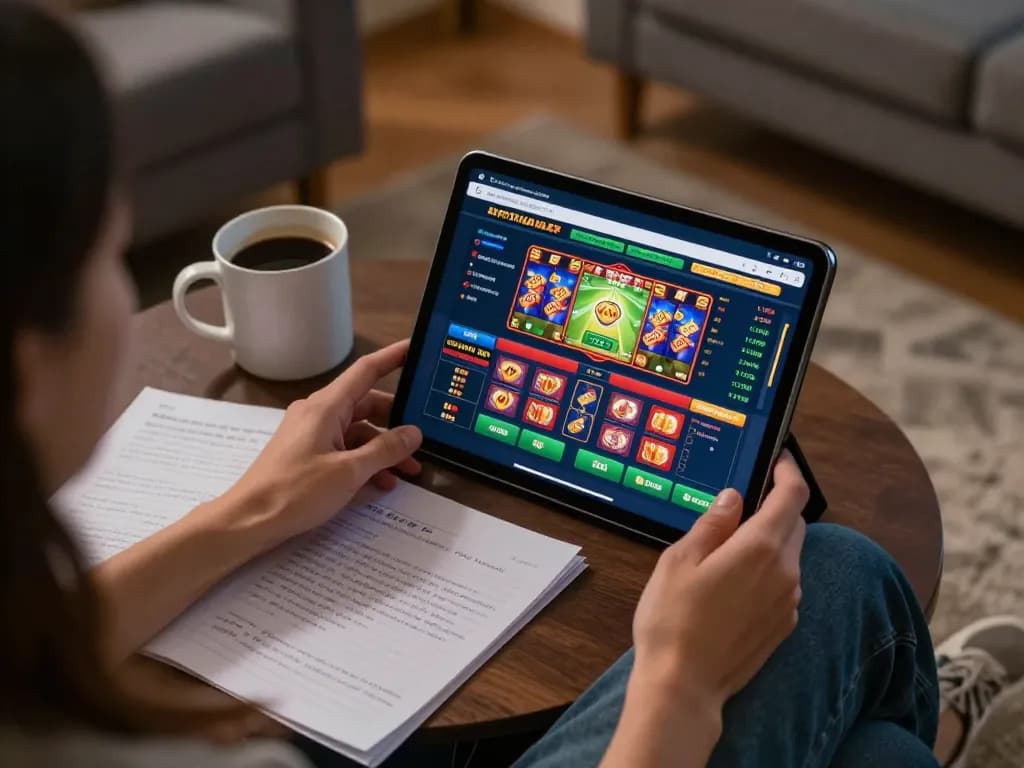 Sbobet gaming action on a tablet in cozy home setting, showcasing exciting online betting experience