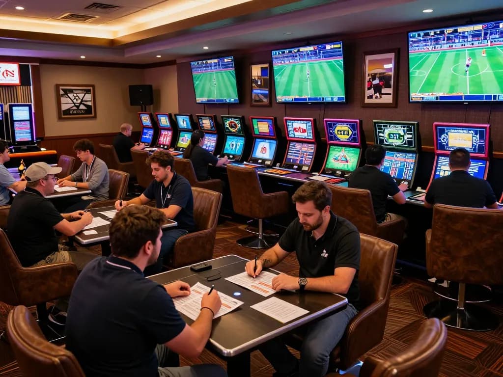 Engaged bettors reviewing kèo nhà cái during an exciting sports event at a modern casino lounge