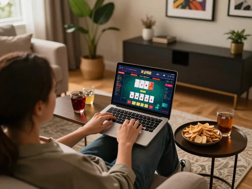 Engaging in strategic gameplay on kp88 online gaming platform from cozy home setting.