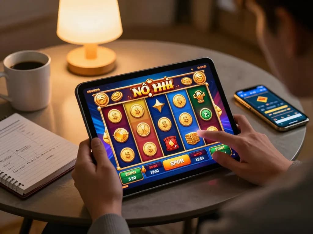 Person playing nổ hũ slot game on a tablet, vibrant reels spinning, cozy home setting with strategy notes