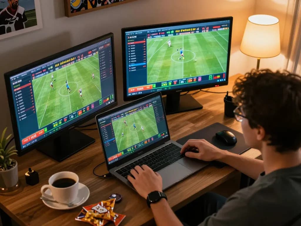 Engaged player analyzing tỷ lệ bóng đá nhà cái during live sports betting, showing multiple devices with betting options.