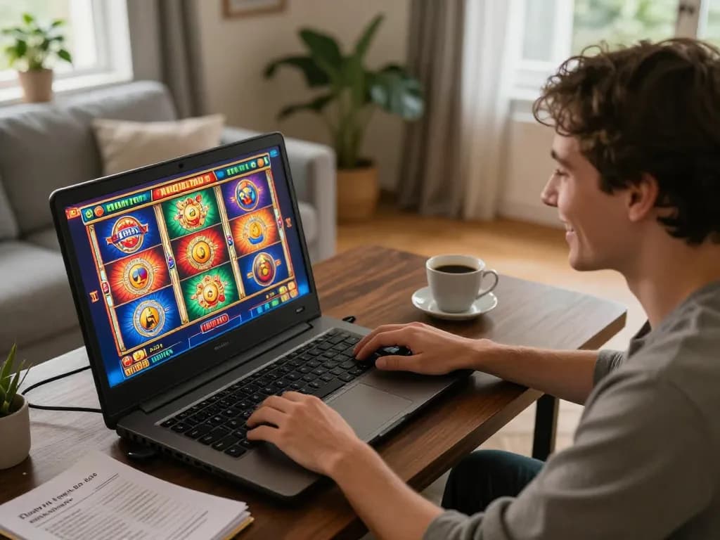Player enjoying online slots at home, showcasing kp88 gaming experience with vibrant visuals and cozy atmosphere.